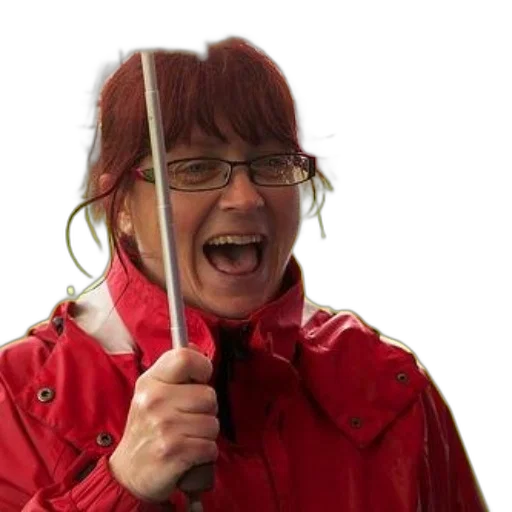 staff, jacket, umbrella, weapon, woman, red, glasses, holds transparent PNG cut-out