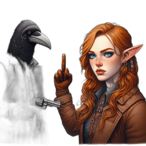 fantasy art, concept art, pixel art, comic book art, dark, woman, elf-ears, talking transparent PNG cut-out