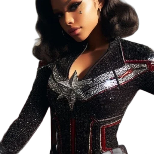comic book art, woman, black, sequined, superhero, costume, prominent, star transparent PNG cut-out