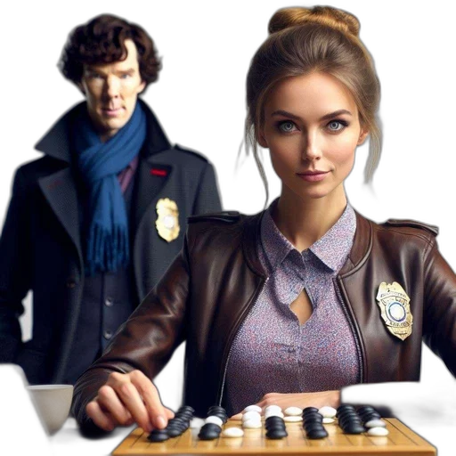 jacket, concept art, comic book art, fantasy art, photorealistic, focused, woman, table transparent PNG cut-out