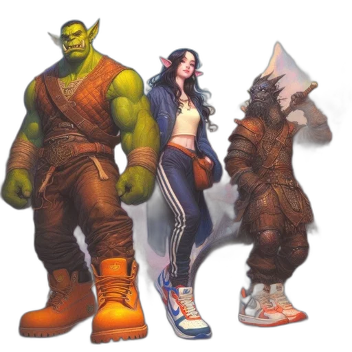 concept art, fantasy art, comic book art, pixel art, three, diverse, characters, stand transparent PNG cut-out