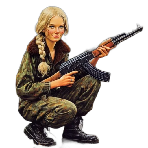 weapon, jacket, comic book art, concept art, cartoon, pixel art, young, woman transparent PNG cut-out