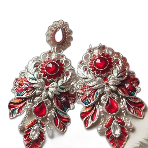 jewelry, crown, red, silver, earrings, gemstones, floral, motifs transparent PNG cut-out
