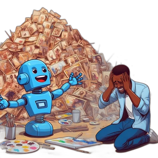 robot, comic book art, concept art, cyberpunk, pixel art, blue, depressed, man transparent PNG cut-out