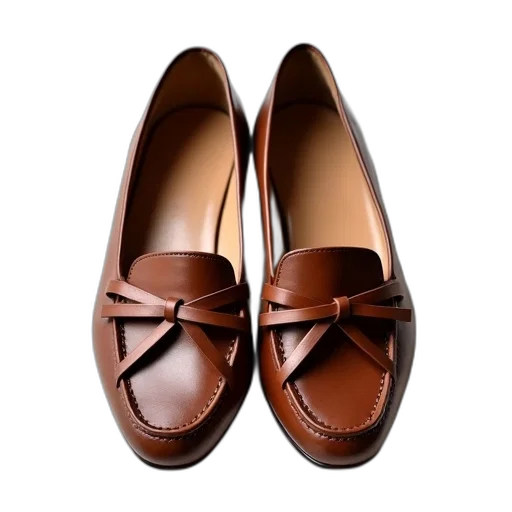 shoes, pair, brown, leather, loafers, bow, detail, front transparent PNG cut-out