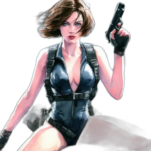 weapon, comic book art, concept art, cyberpunk, pixel art, blue, woman, short transparent PNG cut-out