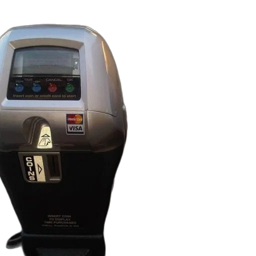 robot, two, parking, meters, side, visa, coins, logos transparent PNG cut-out