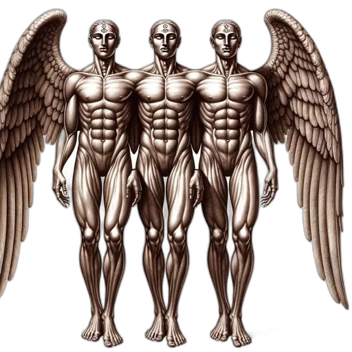 concept art, 3d render, three, winged, muscular, figures, stand, shoulder-to-shoulder transparent PNG cut-out