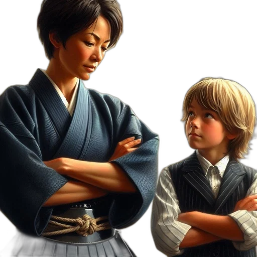 photorealistic, oil painting, concept art, comic book art, monochrome, woman, kimono, boy transparent PNG cut-out