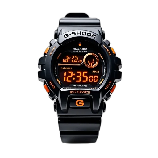 cyberpunk, black, orange, digital, wristwatch, strap, displayed, against transparent PNG cut-out