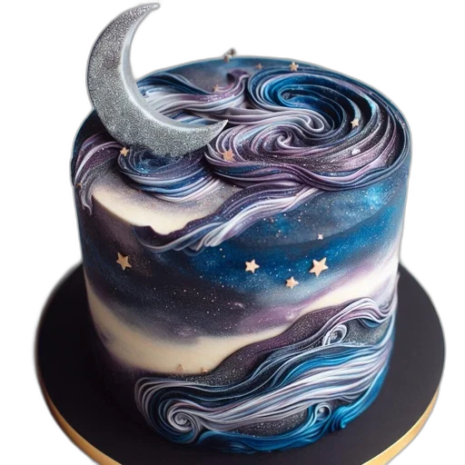 hat, photorealistic, fantasy art, outer space, galactic-themed, cake, features, swirled transparent PNG cut-out