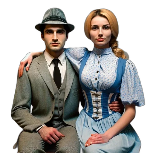 dress, hat, photorealistic, concept art, pixel art, city street, two, individuals transparent PNG cut-out