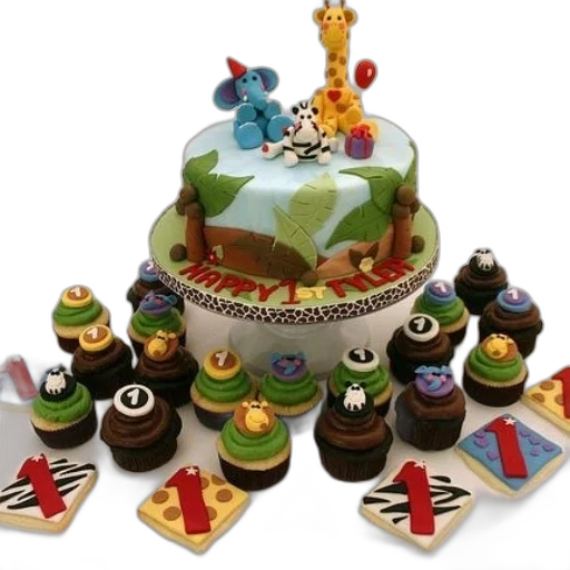 3d render, birthday, cake, jungle, theme, sits, pedestal, surrounded transparent PNG cut-out