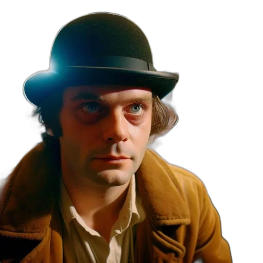 hat, man, bowler, brown, coat, focused, expression, shown transparent PNG cut-out