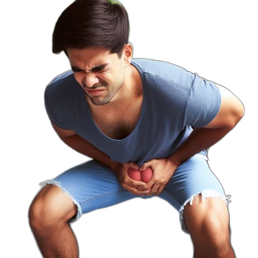 food, photorealistic, man, blue, outfit, sits, uncomfortably, floor transparent PNG cut-out