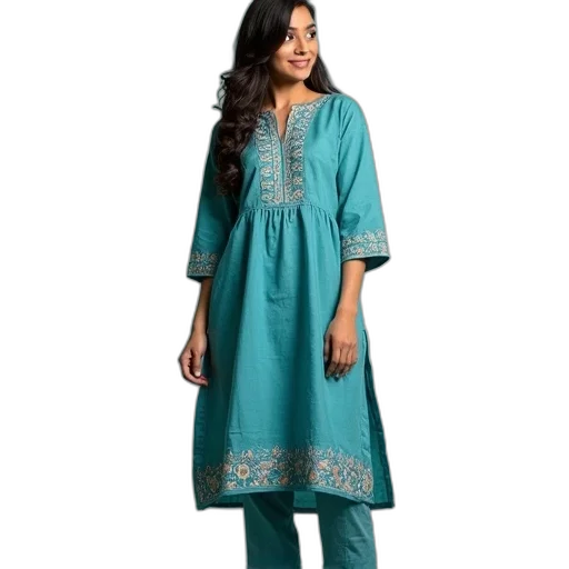 dress, blue, green, teal, cotton, kurti, embroidery, border transparent PNG cut-out