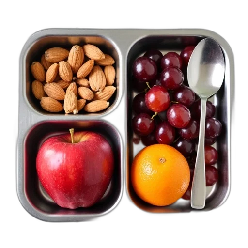 food, silver, lunchbox, spoon, right, side, open, revealing transparent PNG cut-out