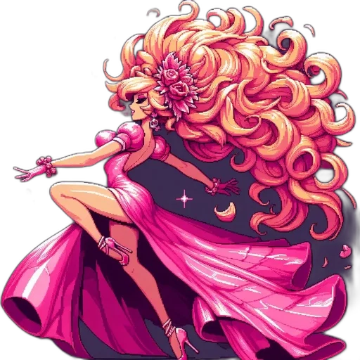 dress, hair, crown, staff, concept art, fantasy art, pixel art, comic book art transparent PNG cut-out