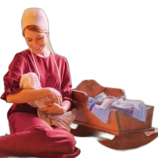 woman, traditional, attire, holds, baby, rocking, cradle, nearby transparent PNG cut-out
