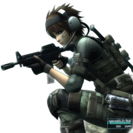 weapon, 3d render, concept art, green, armed, combat-ready, woman, stands transparent PNG cut-out