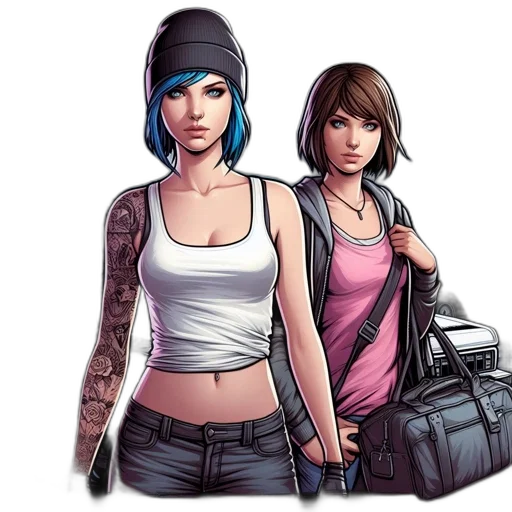 concept art, comic book art, pixel art, fantasy art, two, female, characters, stand transparent PNG cut-out