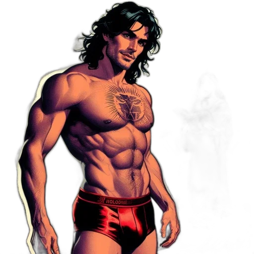 comic book art, concept art, fantasy art, photorealistic, red, muscular, man, sunburst transparent PNG cut-out
