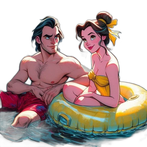 concept art, comic book art, watercolor, pixel art, underwater, beach, neon lights, two transparent PNG cut-out