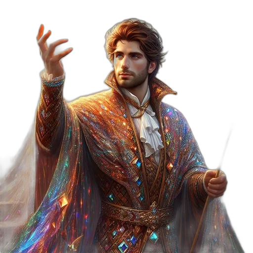 jacket, staff, fantasy art, concept art, comic book art, pixel art, colorful, golden transparent PNG cut-out