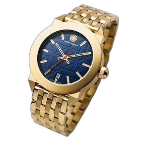 jewelry, gold-colored, tory, burch, watch, blue, face, featuring transparent PNG cut-out