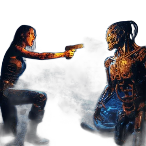 robot, weapon, concept art, comic book art, fantasy art, cyberpunk, fire, underwater transparent PNG cut-out