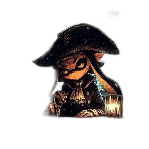 mask, hat, staff, jacket, concept art, fantasy art, comic book art, watercolor transparent PNG cut-out