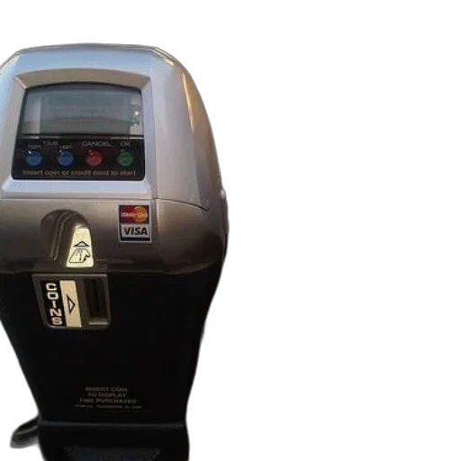robot, two, parking, meters, side, one, visa, logo transparent PNG cut-out