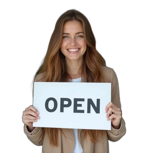 staff, woman, long, hair, holding, white, sign, word transparent PNG cut-out