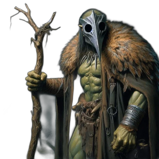 mask, creature, staff, face, concept art, fantasy art, comic book art, green transparent PNG cut-out