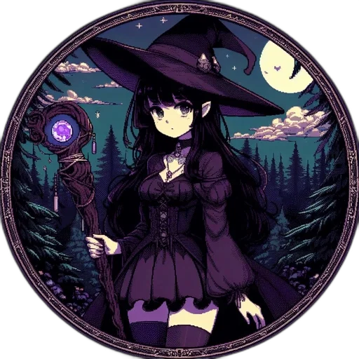 staff, hat, dress, fantasy art, anime, pixel art, concept art, dark transparent PNG cut-out