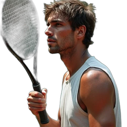 staff, hair, weapon, photorealistic, tennis, player, holding, racket transparent PNG cut-out