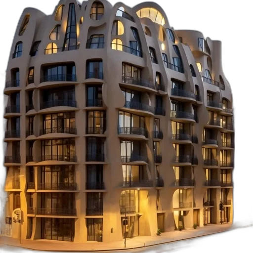 building, 3d render, photorealistic, concept art, city street, golden, illuminated, modern transparent PNG cut-out