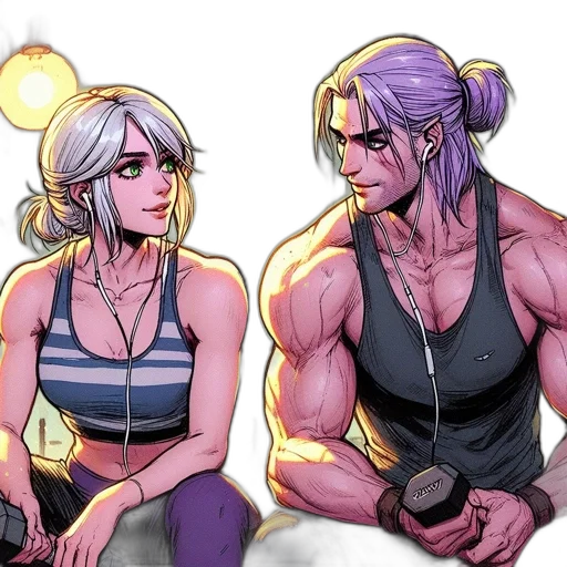 comic book art, concept art, cyberpunk, cartoon, neon lights, two, exercisers, gym transparent PNG cut-out