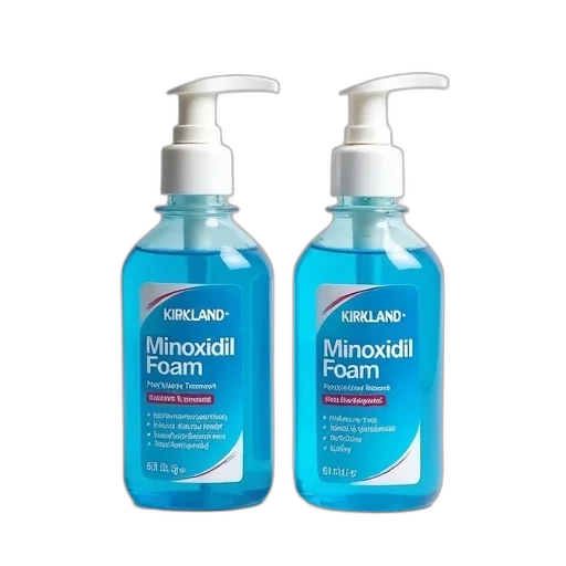 bottle, two, identical, bottles, kirkland, minoxidil, foam, placed transparent PNG cut-out