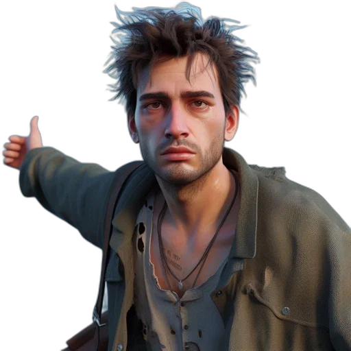 jacket, staff, weapon, face, concept art, photorealistic, 3d render, fantasy art transparent PNG cut-out