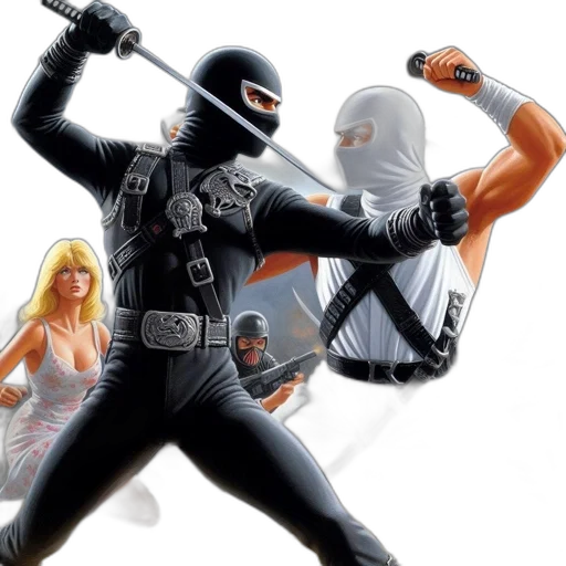 weapon, concept art, comic book art, two, ninjas, one, black, white transparent PNG cut-out