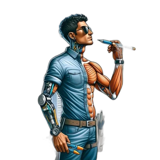 robot, cyberpunk, comic book art, concept art, fantasy art, blue, unique, figure transparent PNG cut-out