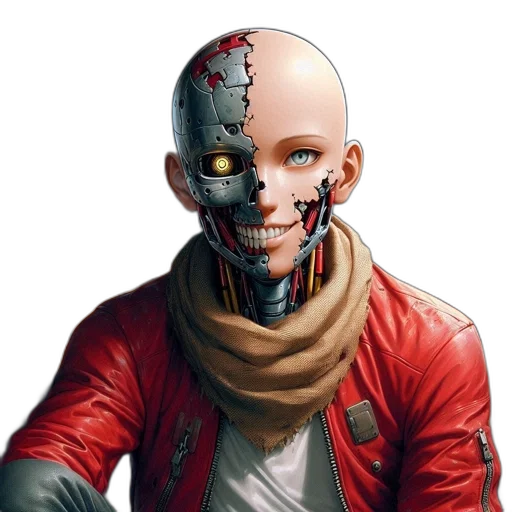 mask, robot, face, jacket, cyberpunk, concept art, comic book art, fantasy art transparent PNG cut-out