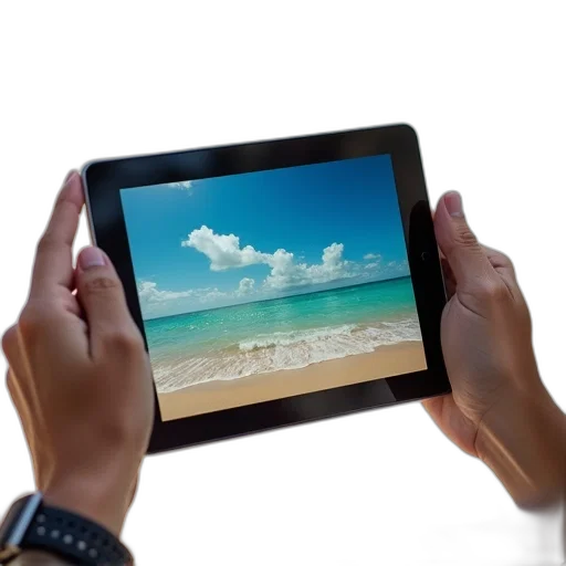 3d render, photorealistic, beach, person, holding, tablet, colorful, scene transparent PNG cut-out
