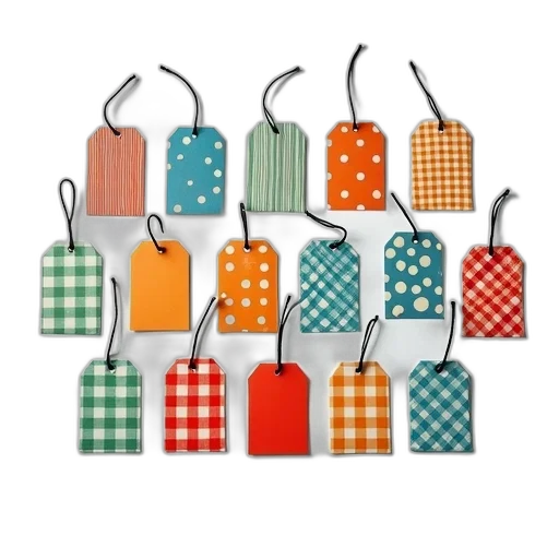 colorful, collection, patterned, gift, tags, neatly, arranged, white transparent PNG cut-out
