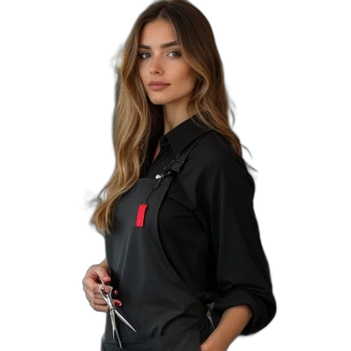 jacket, staff, dress, woman, long, hair, standing, salon transparent PNG cut-out
