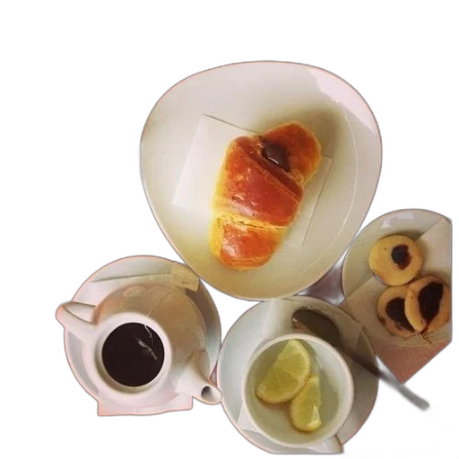 food, jewelry, photorealistic, 3d render, plate, croissant, cup, tea transparent PNG cut-out
