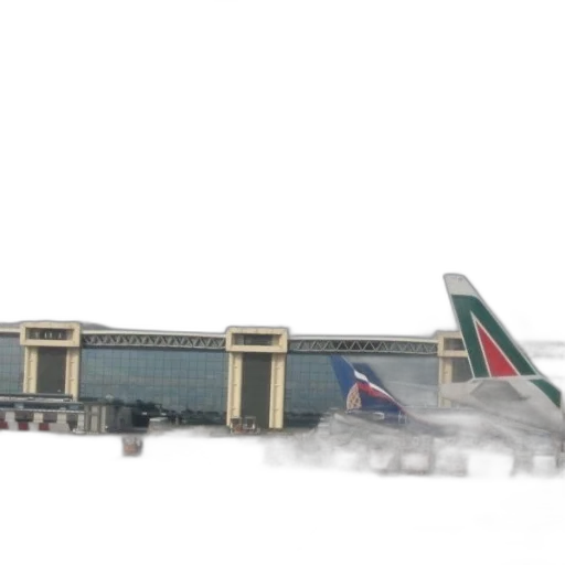 3d render, fog, snow, airport, scene, two, airplanes, parked transparent PNG cut-out