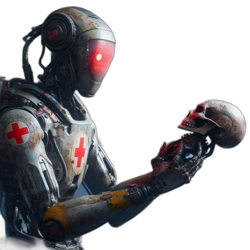 robot, weapon, concept art, 3d render, cyberpunk, comic book art, red, futuristic transparent PNG cut-out