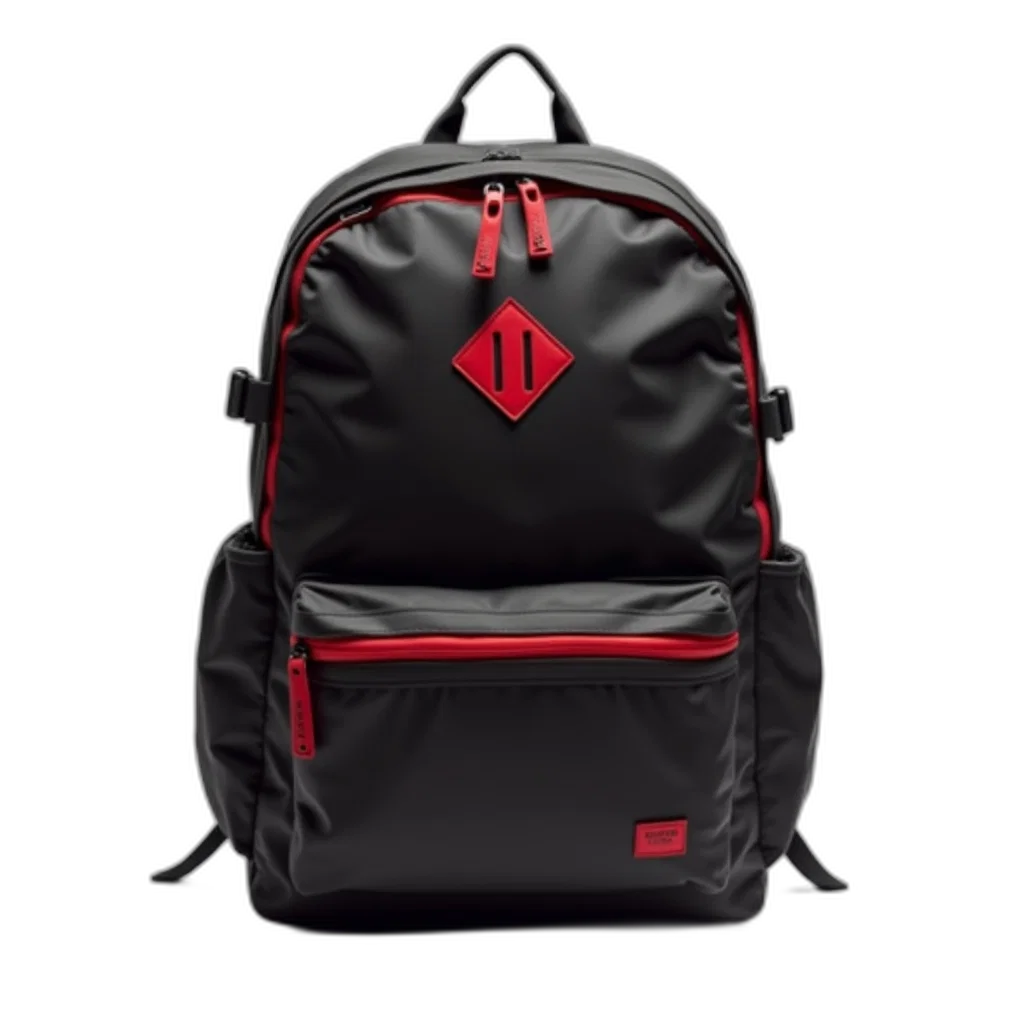 jacket, 3d render, concept art, black, red, backpack, zipper, logo transparent PNG cut-out